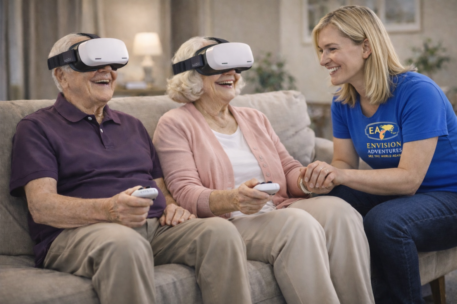 Resident smiling while using VR headset